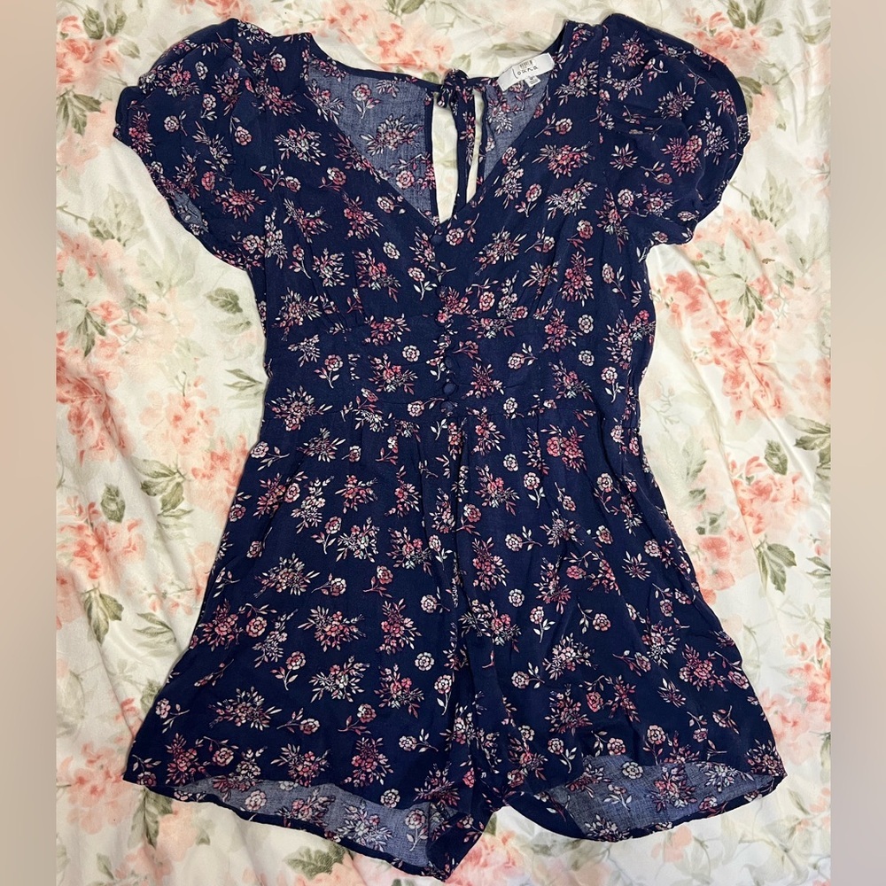 Louna Navy Floral Puff Sleeve Romper Boho Bohemian Cottagecore Prairie Size M - Picture 3 of 6